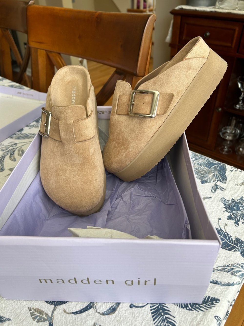 Madden Girl Beige Suede Platform Clogs with Silver Buckle